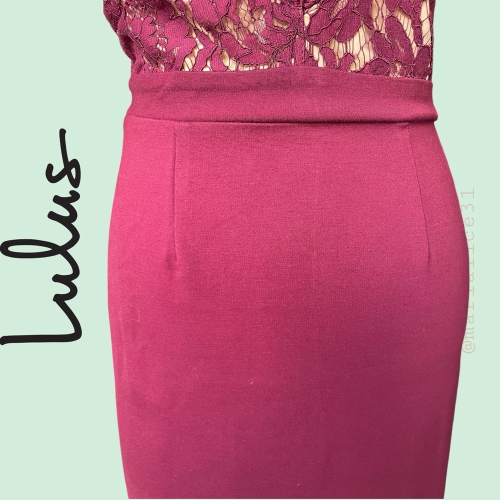 Lulu's Burgundy Lace Long Sleeve Dress. Deep V-neck. EUC. Medium. - Picture 5 of 11